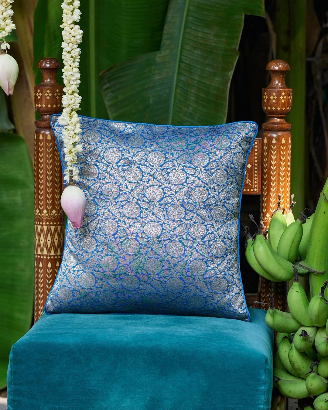Floral Blue Banarasi Silk Cushion Cover