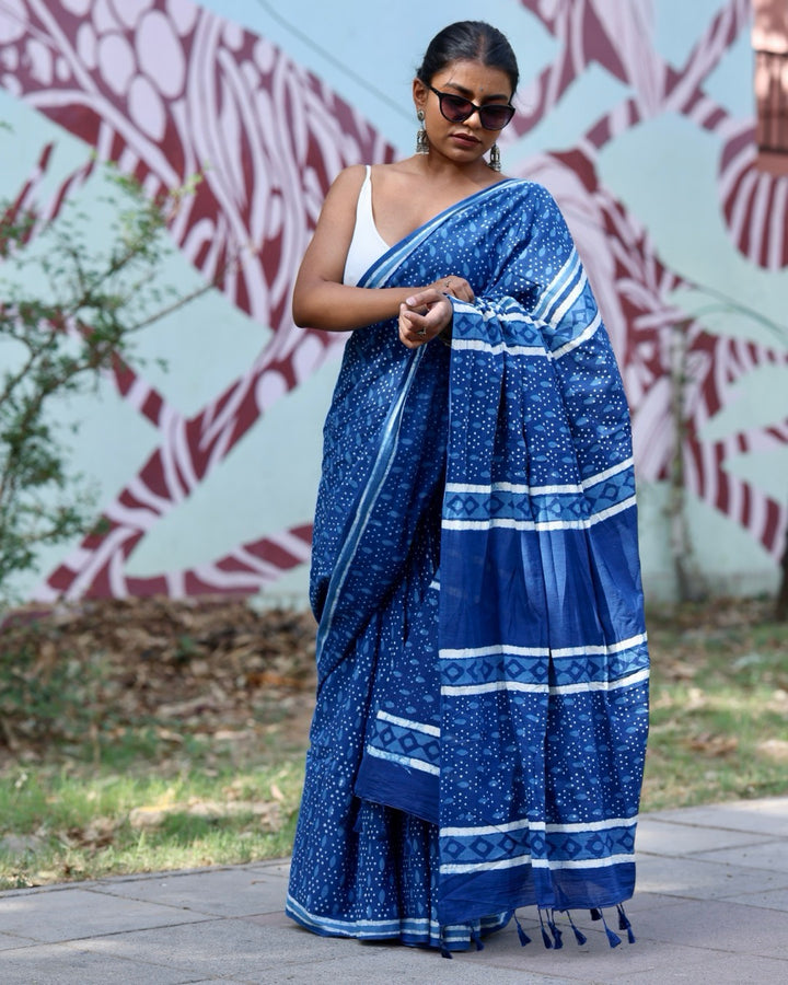 Dots Indigo Bagru Print Saree