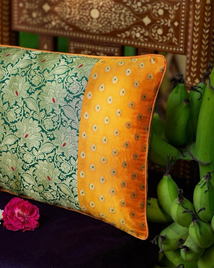Patchwork Green and Yellow Banarasi Silk Lumbar Cushion Cover