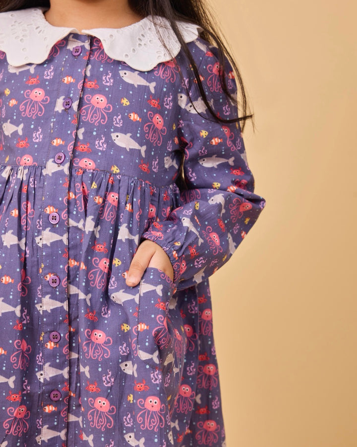 Underwater World Kids Schiffli Collar Frock