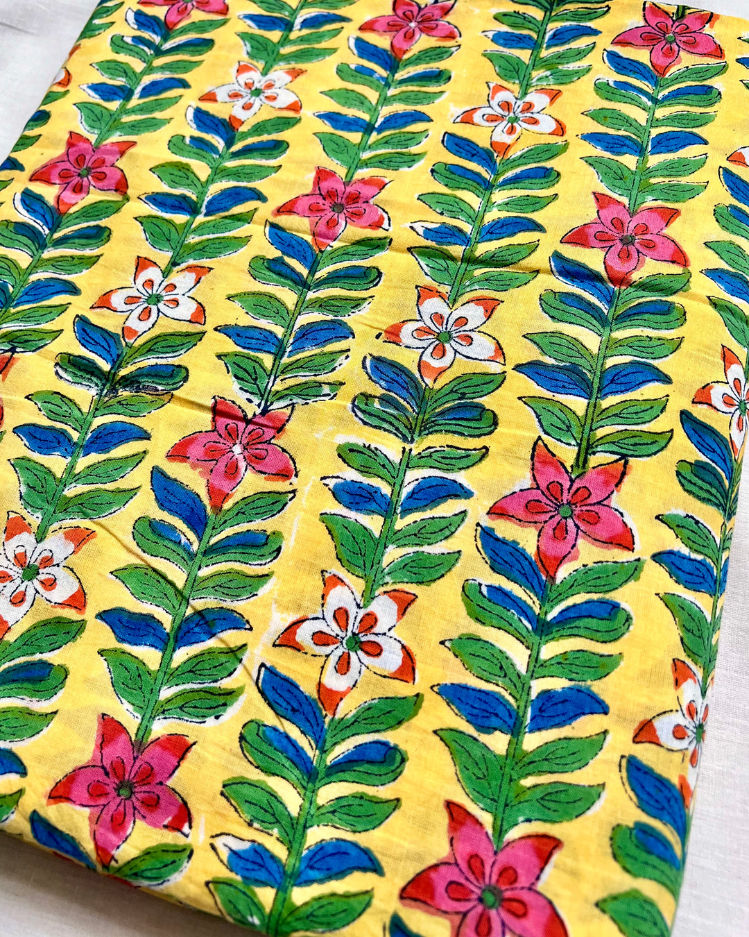 Yellow Floral Jaal Block Print Cotton Fabric