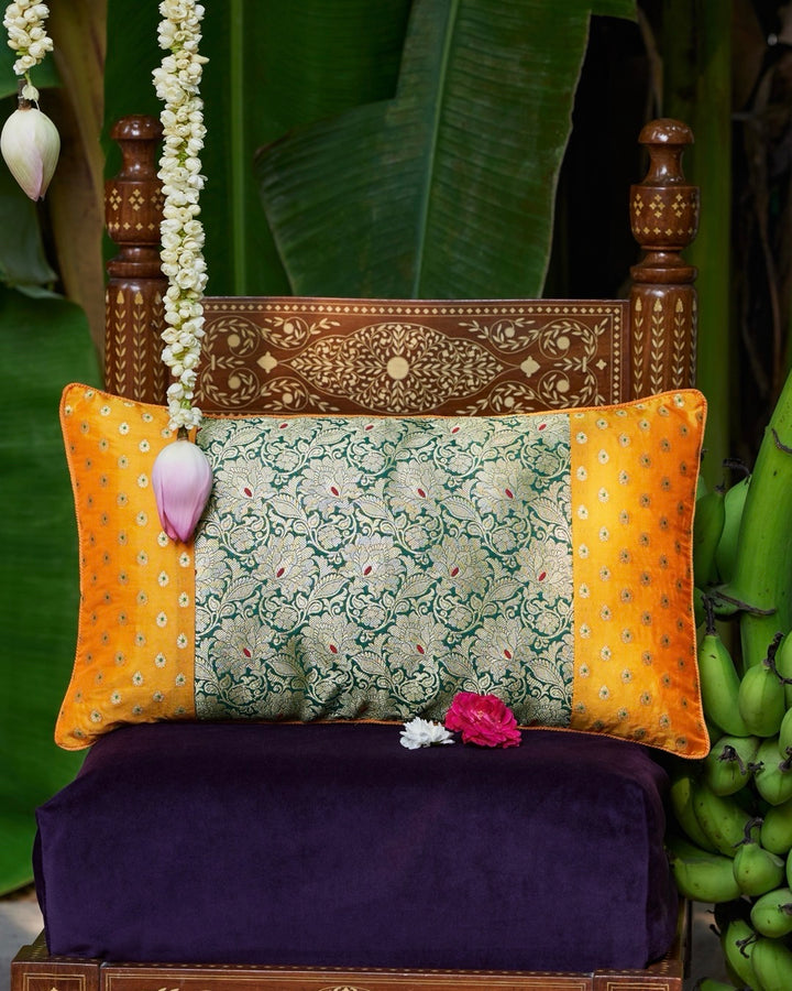 Patchwork Green and Yellow Banarasi Silk Lumbar Cushion Cover