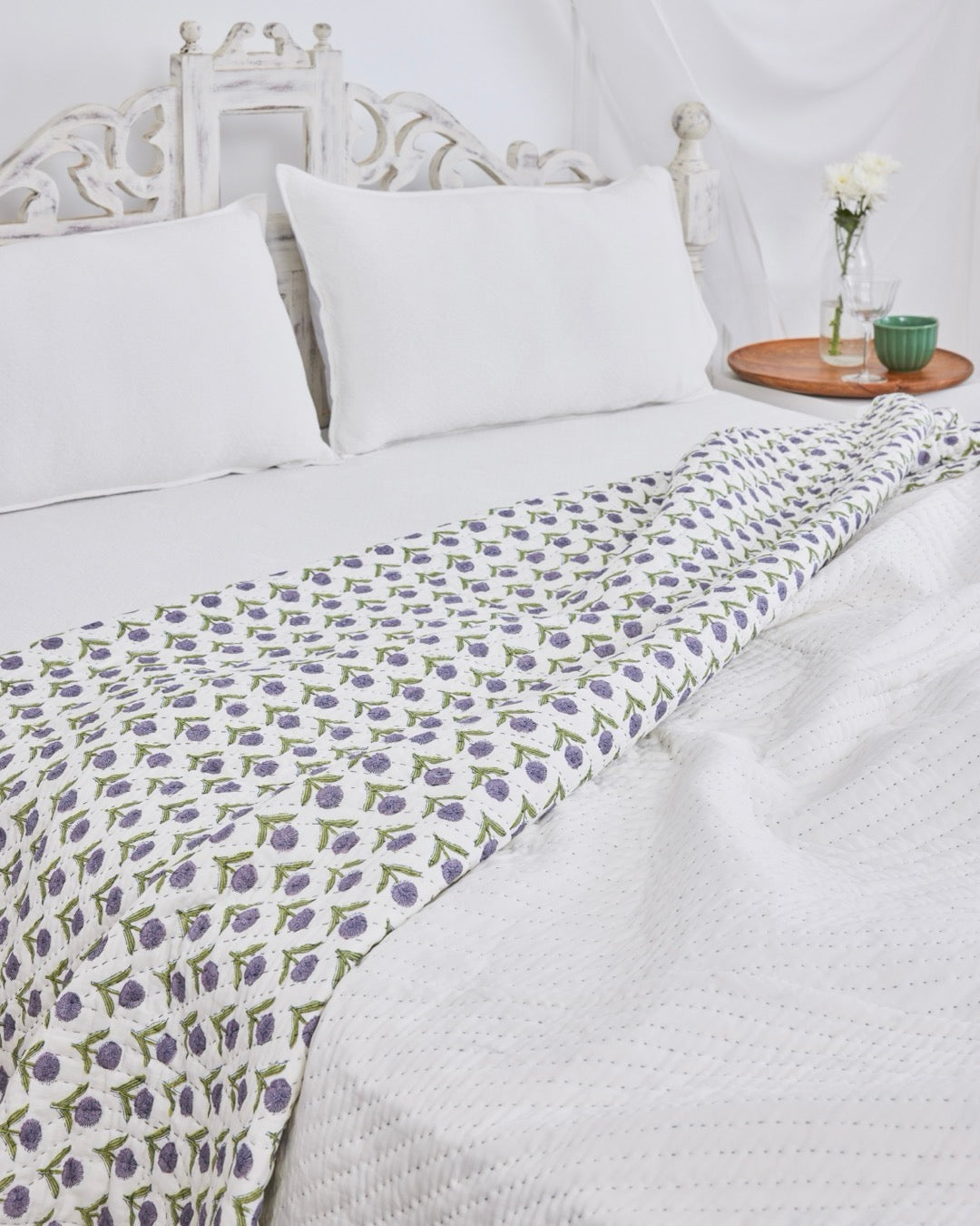 Stars and Florals White Kantha Quilt Tulai