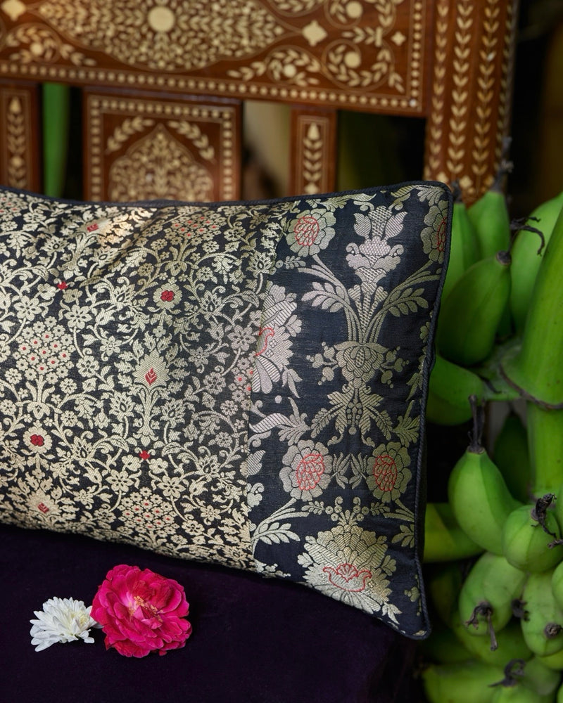 Patchwork black Banarasi Silk Cushion Cover