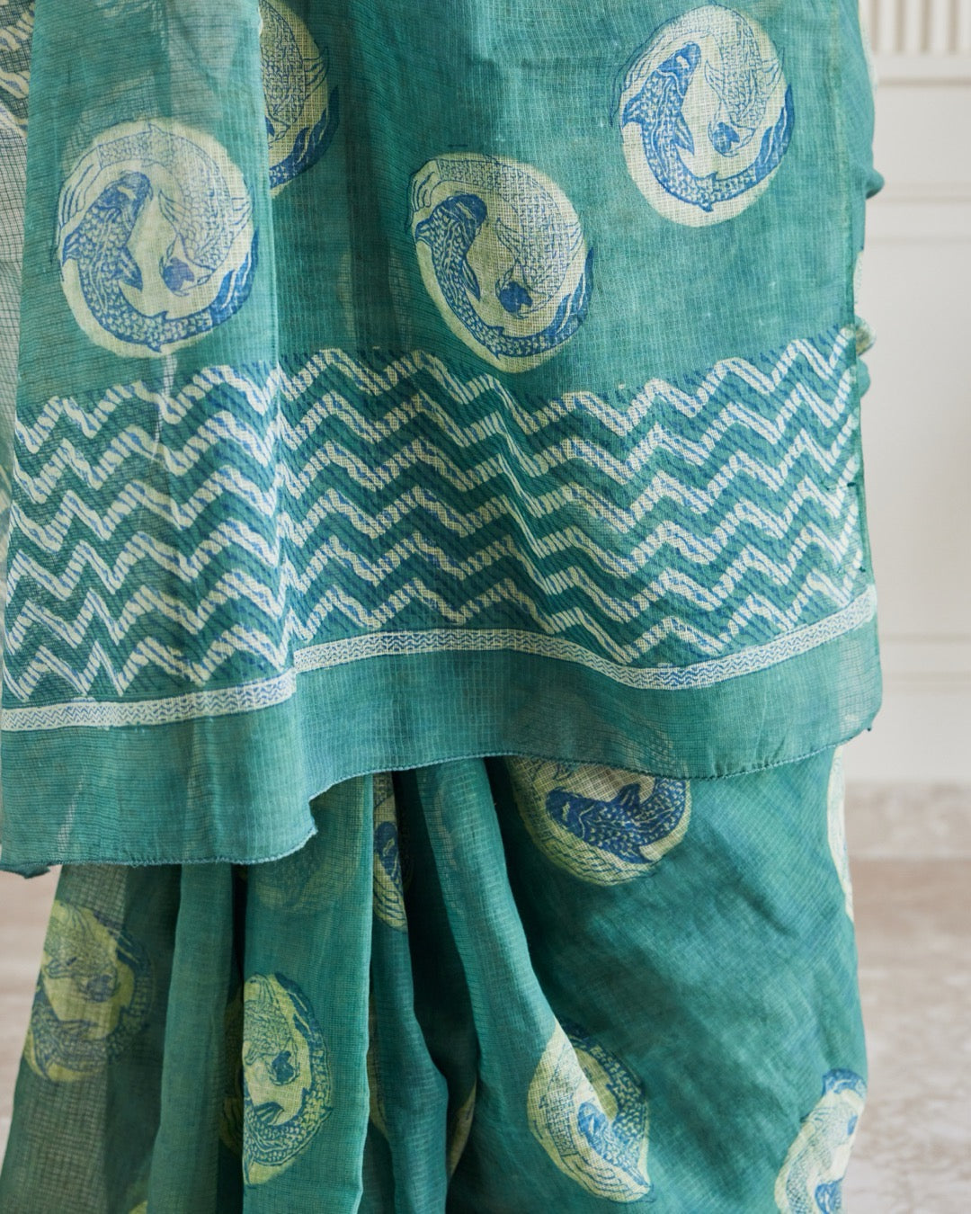 Koi Fish Green Indigo Kota Doria Saree