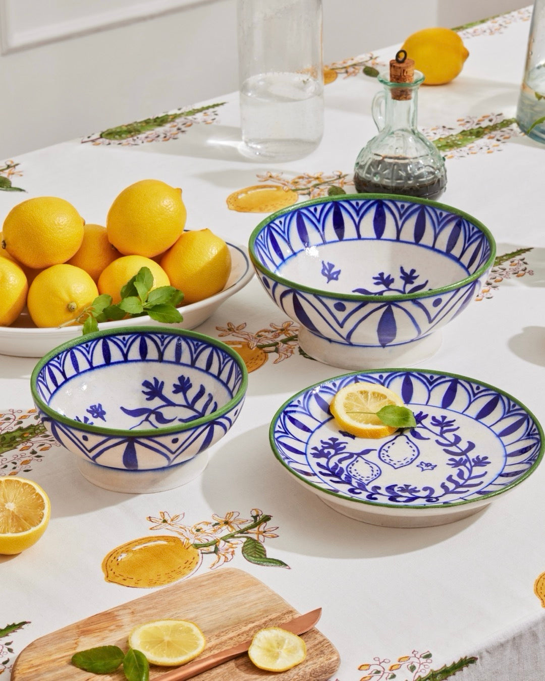 Blue Pottery Lemon Bowls and Plate Set