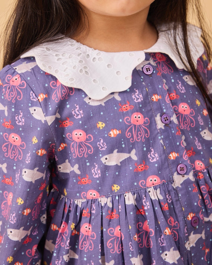 Underwater World Kids Schiffli Collar Frock