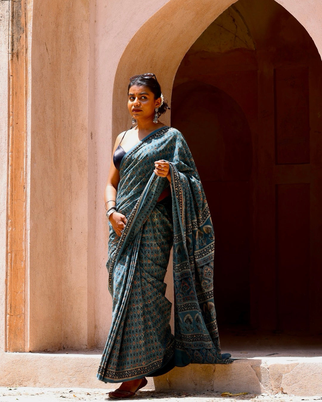 Peacock Feather Indigo Bagru Print Saree