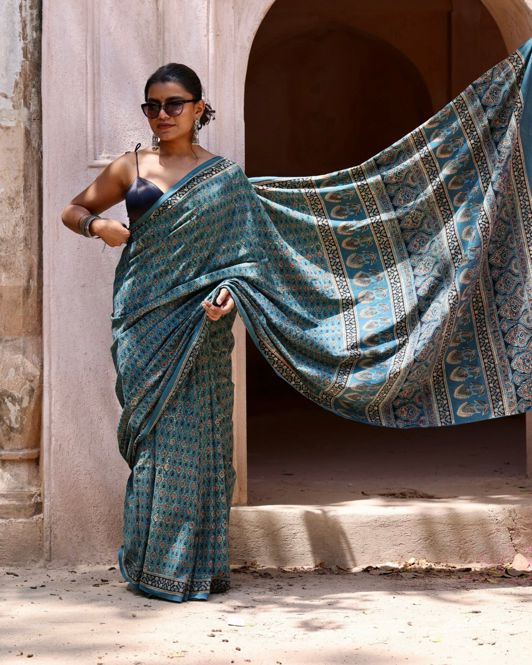 Peacock Feather Indigo Bagru Print Saree