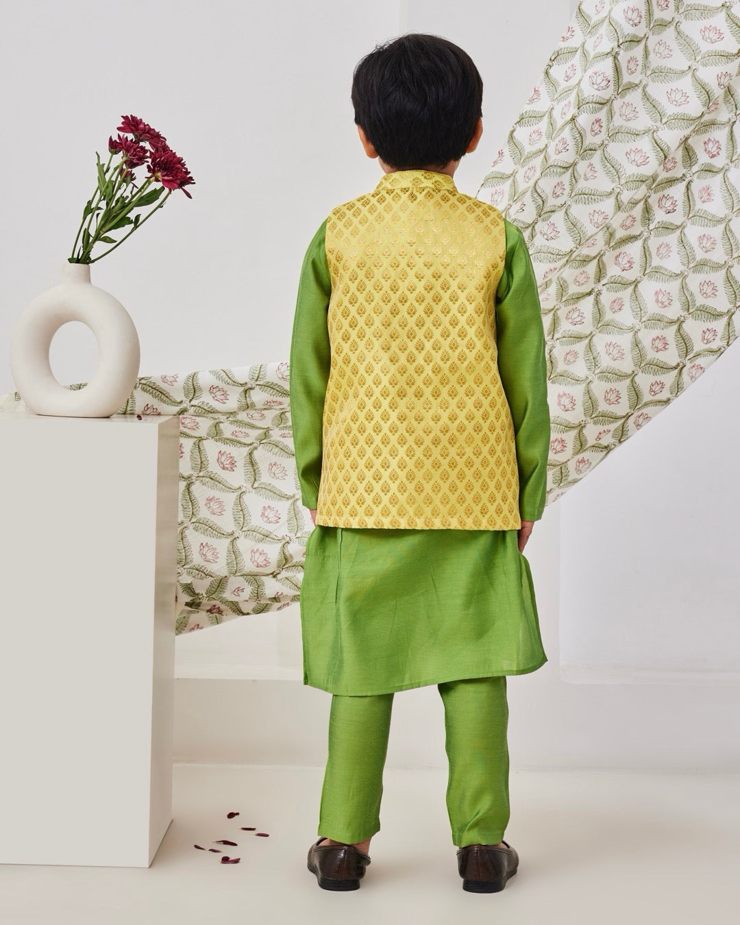 Yellow and Green Kids Kurta Set With Jacket