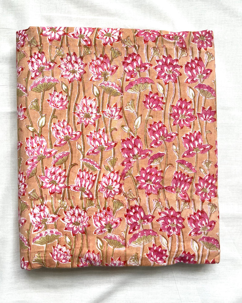 Pink and Light Orange Lotus Buti Block Print Cotton Fabric