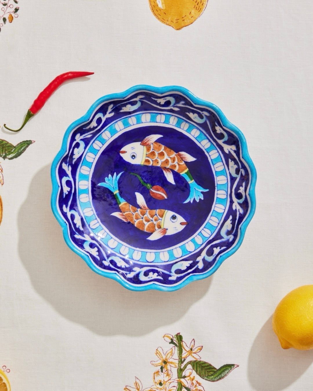 Dark Blue Hand Painted Frilled  Fish Plate