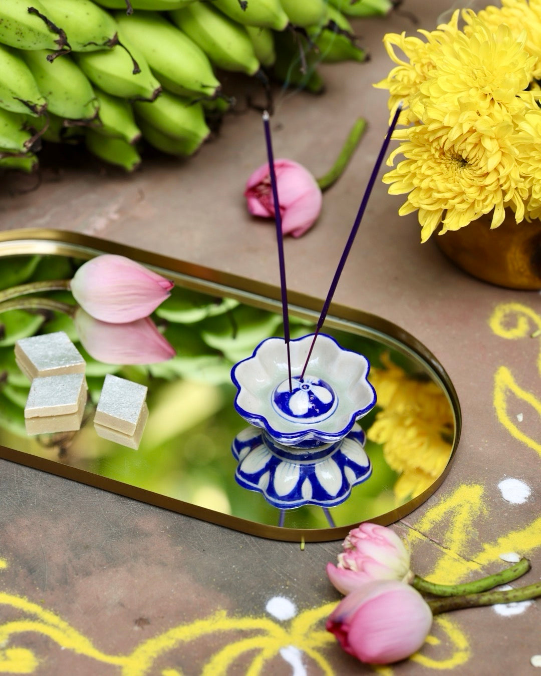 Floral White and Blue Incense Stand