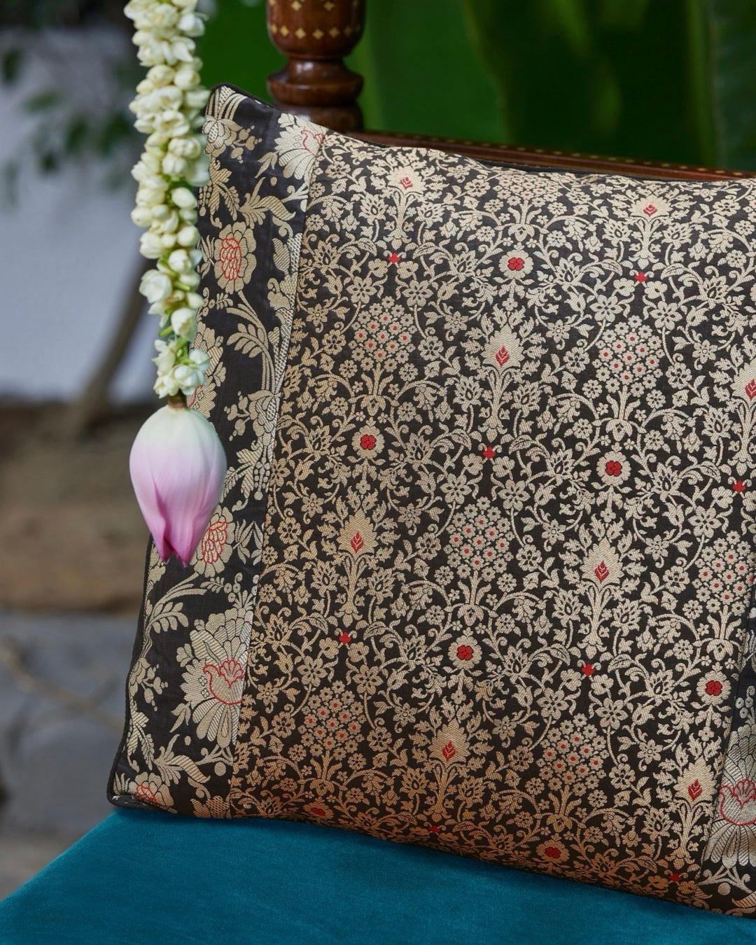 Patchwork Black Banarasi Silk Cushion Cover