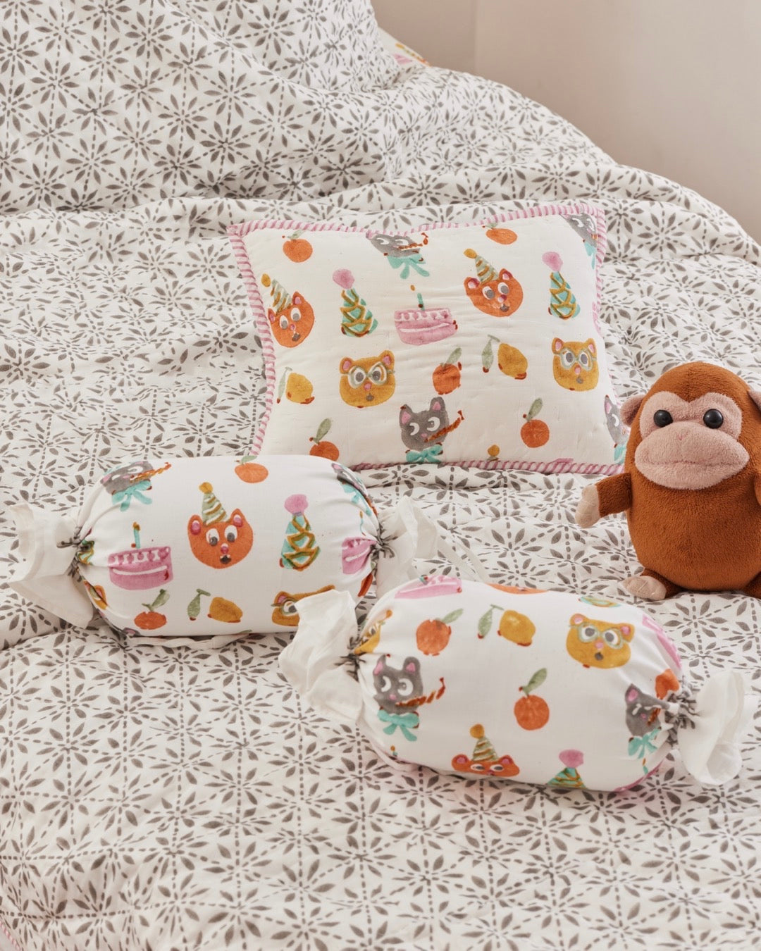 Cat’s Birthday Party Baby Pillow and Toffee Bolster Set