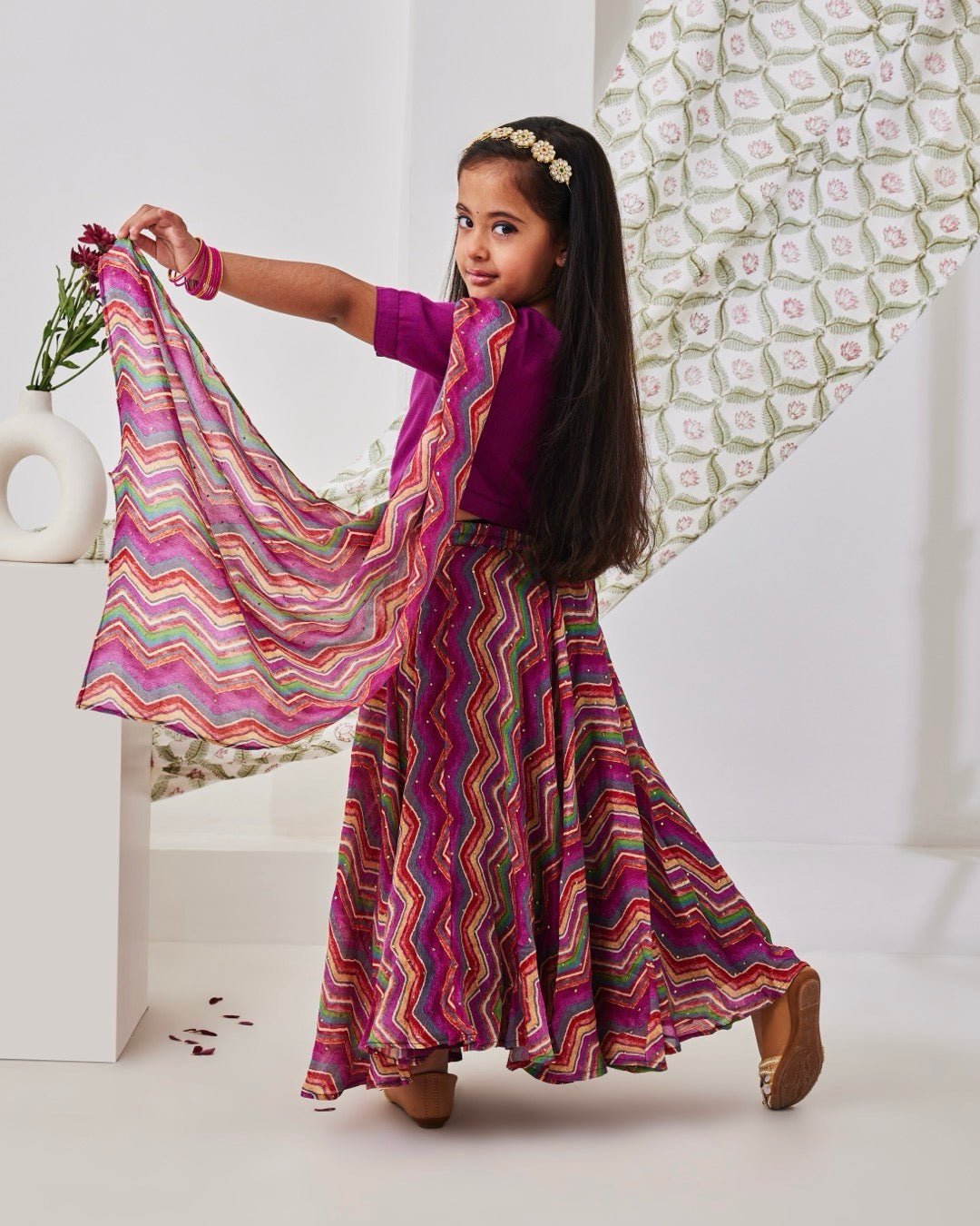 Pink Cheveron Kids Lehenga