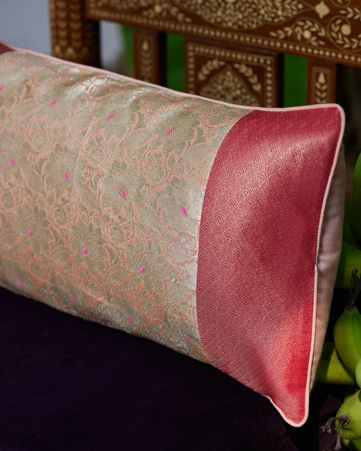 Patchwork Blush Pink Banarasi Silk Lumbar Cushion Cover