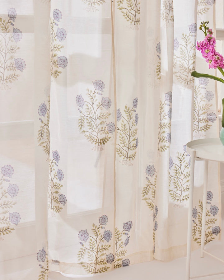 Blue Floral Chanderi Sheer Curtain
