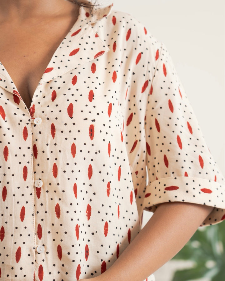 Dot Petals Bagru V-Neck Shirt