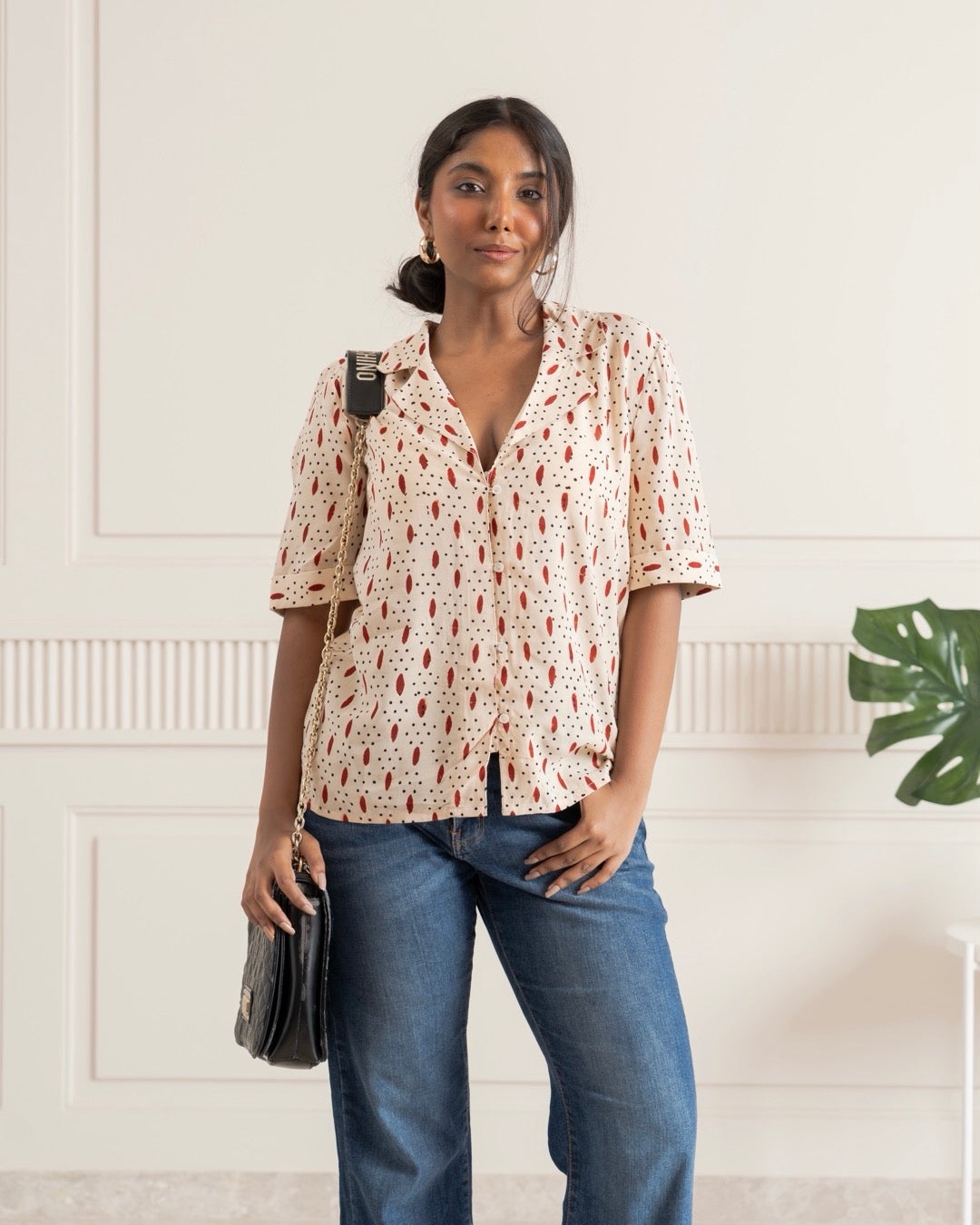 Dot Petals Bagru V-Neck Shirt