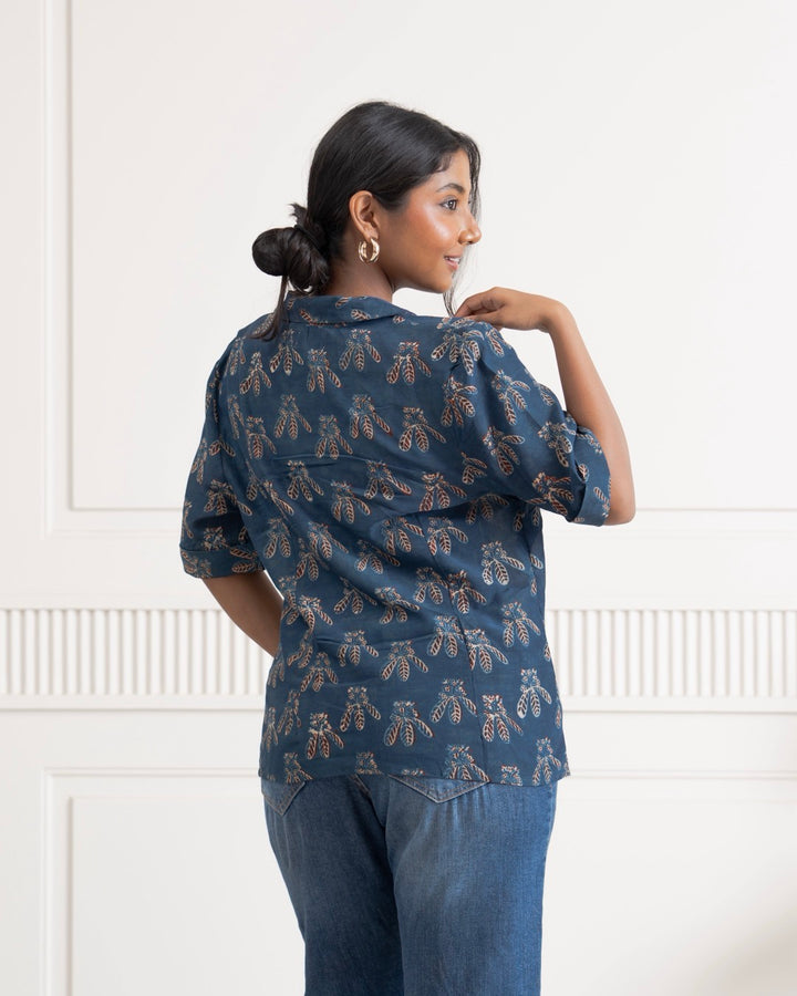 Champa Indigo Ajrakh V-Neck Shirt