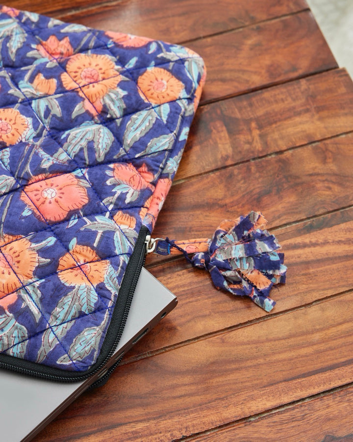 Blue Poppy Leher  Block Print Laptop Sleeve