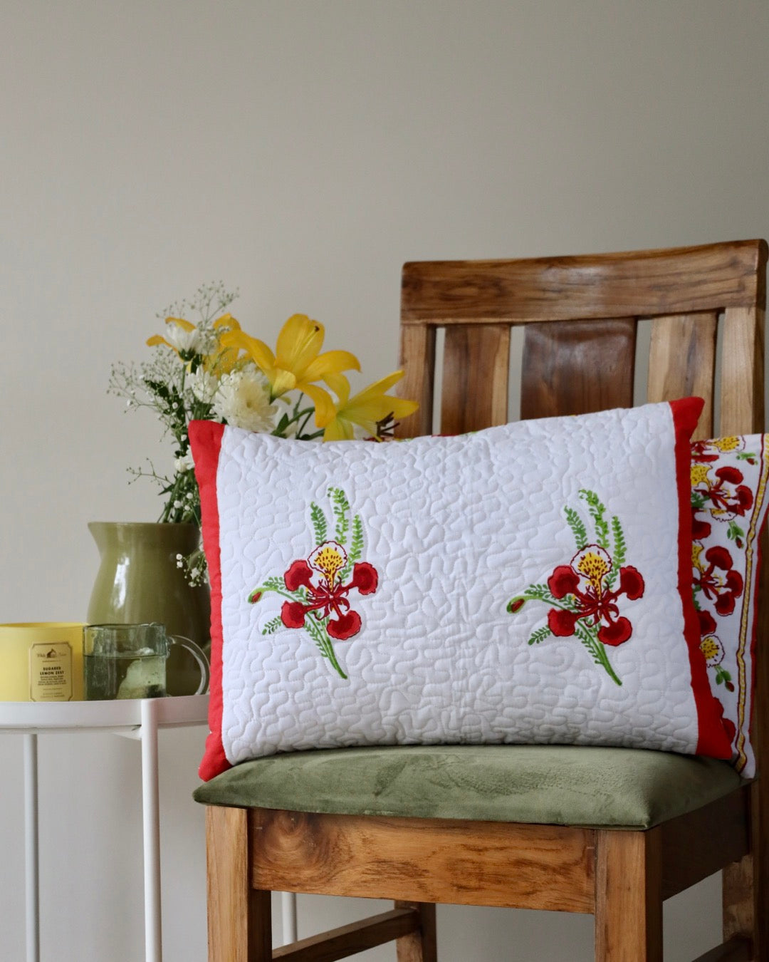 Gulmohar Block Print Quilted Lumbar Cushion