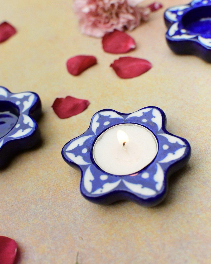 Blue and White Floral Blue Pottery Reusable Diya - Rihaa