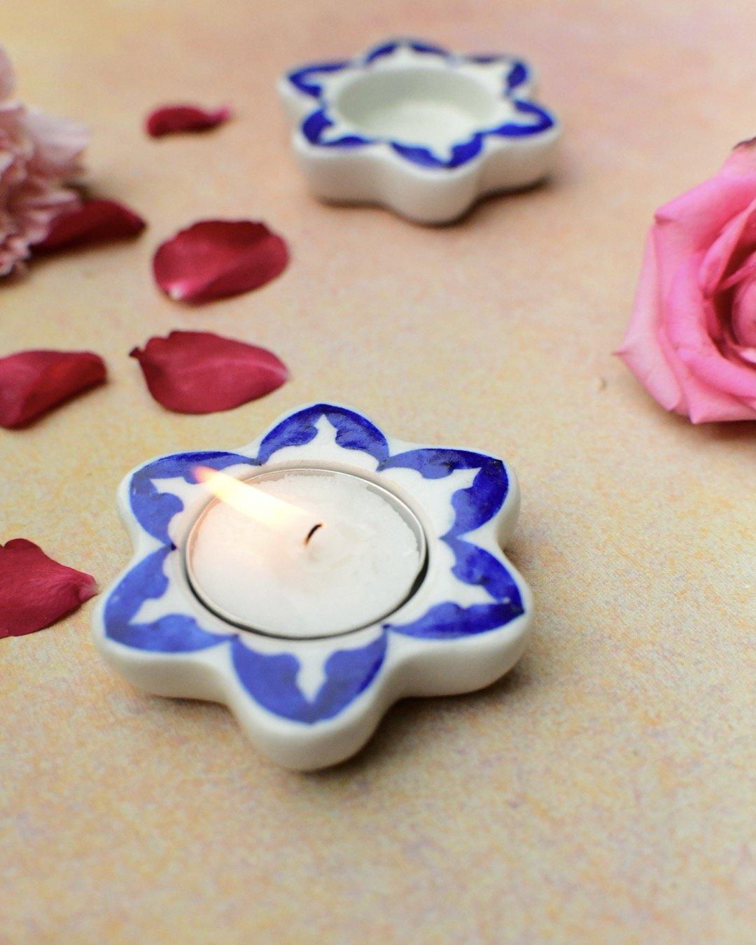 White and Blue Flower Shaped Blue Pottery Diya - Rihaa