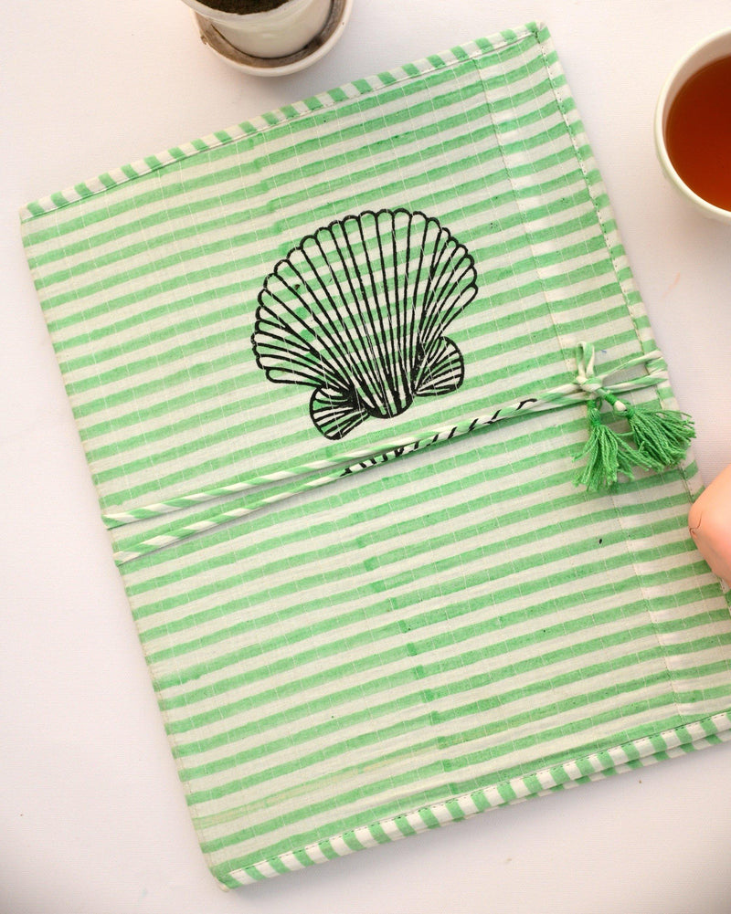 Block printed fabric folder with mint green stripes and shells
