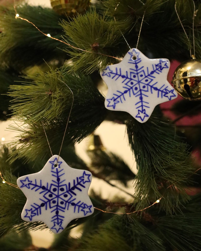 Snowflake Blue Pottery Christmas Ornament (Set of 2)