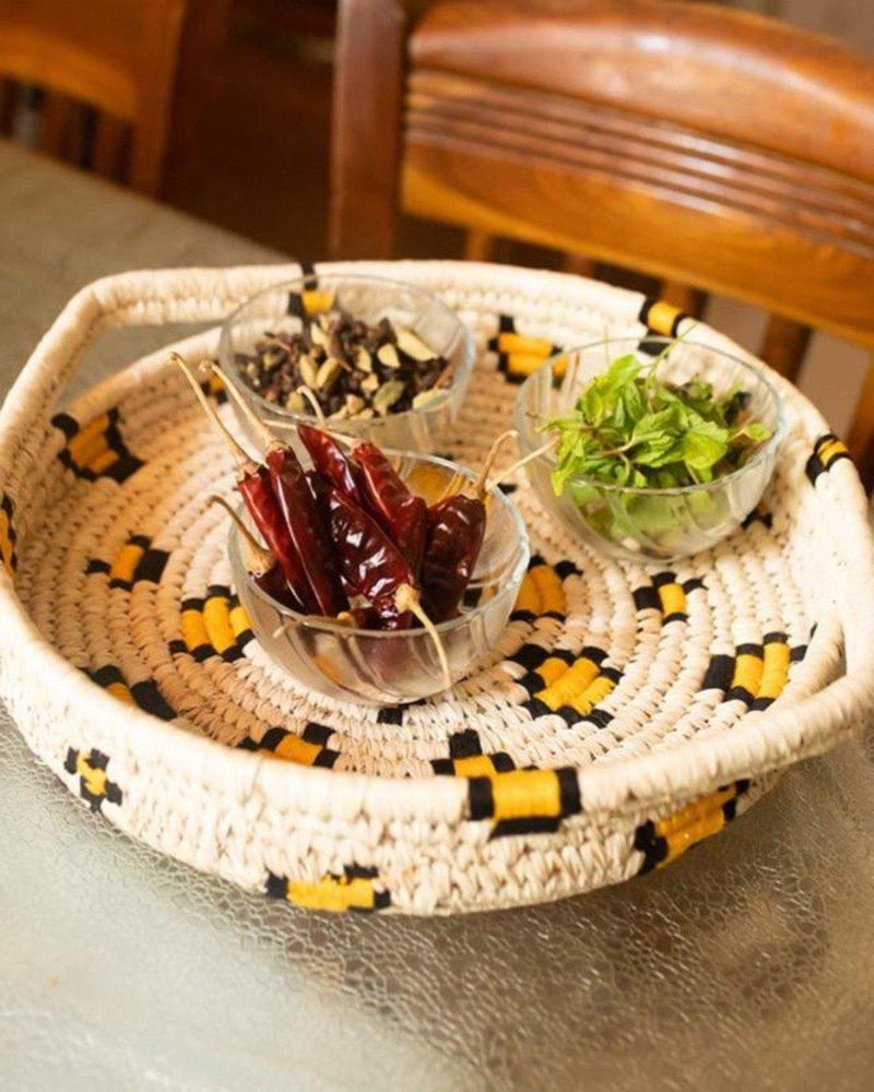 Leopard animal print Sabai grass basket with bowls of herbs and spices