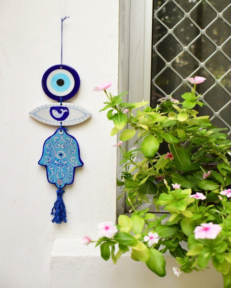 White Evil Eye Hamsa Blue Pottery Wall Hanging - Rihaa