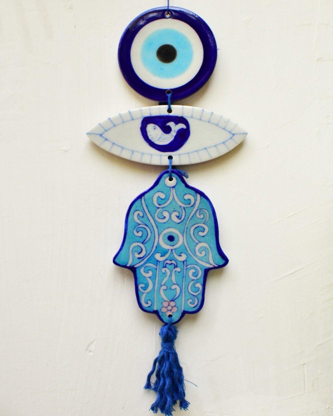 White Evil Eye Hamsa Blue Pottery Wall Hanging - Rihaa