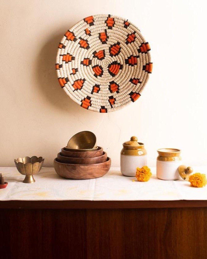 Leopard animal print Sabai grass wall plate or basket with wooden bowls and spice jars