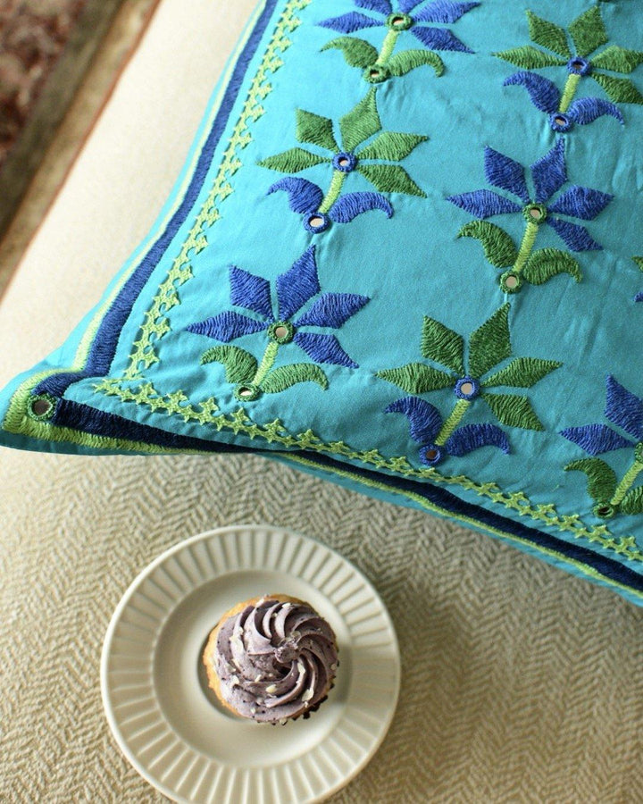 Floral Bharat Blue Cushion close-up