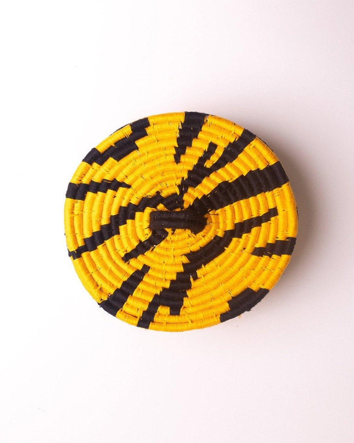 Tiger print Sabai grass lidded basket or box with yellow and black threadwork