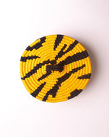 Tiger print Sabai grass lidded basket or box with yellow and black threadwork