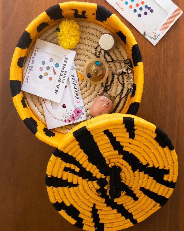 Tiger print Sabai grass lidded basket or box with trinkets