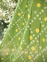 Details of green and yellow bandhani fabric with foliage in the background