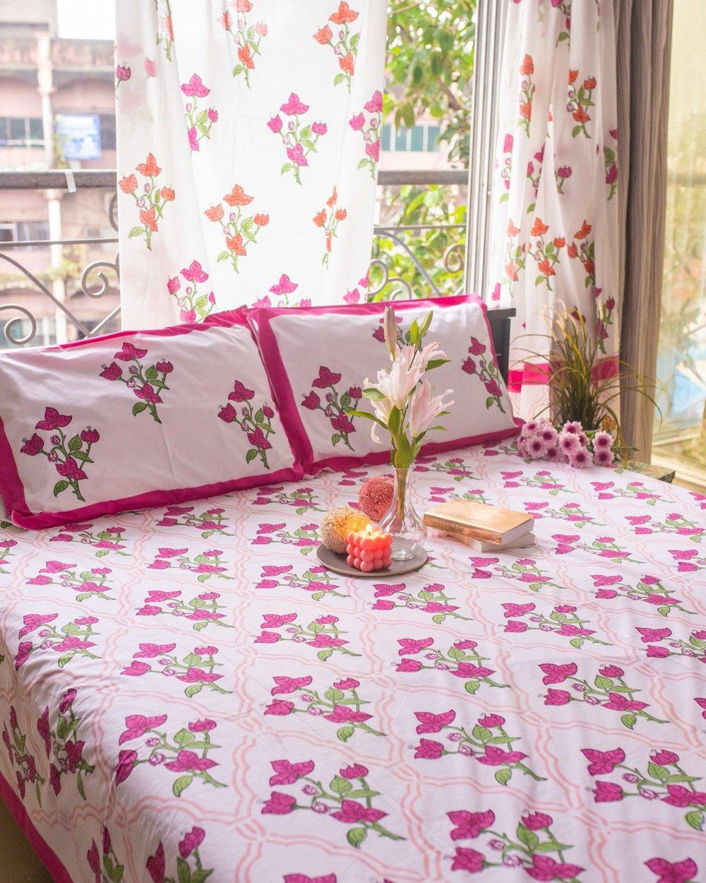 Bougainvillea Block Print Curtains with Bougainvilla Bed Cover