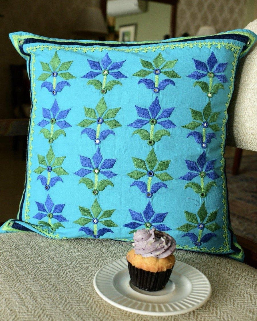 Floral blue embroidered cushion full view