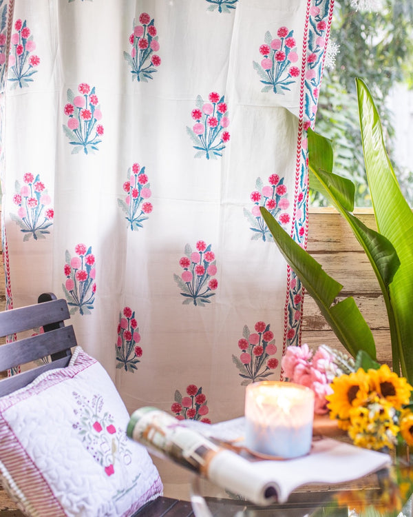 floral blockprinted white curtains